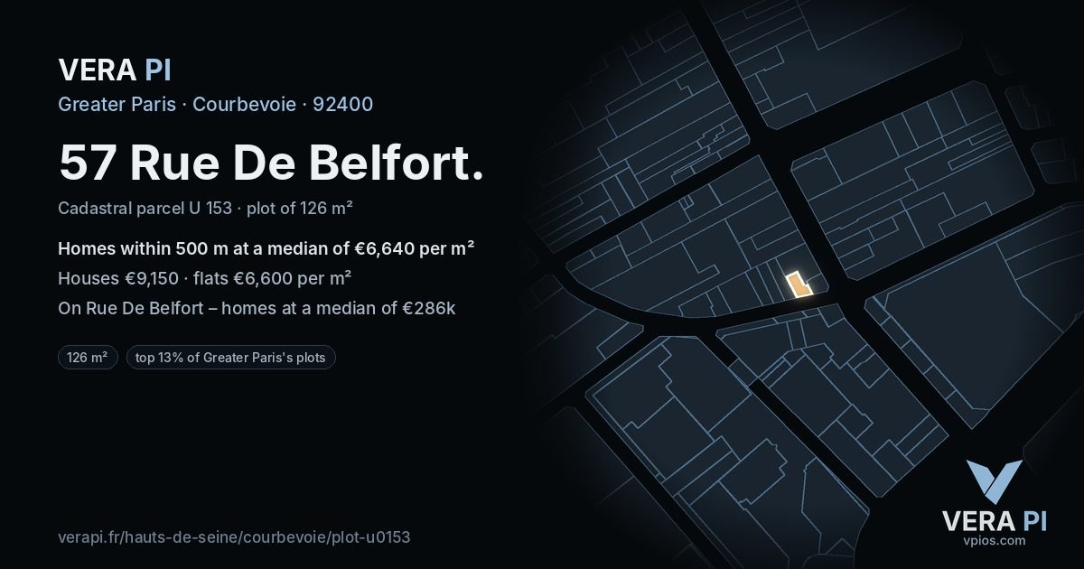 57 Rue De Belfort, Courbevoie at night – the plot lit, the parcels around coloured by the prices near them