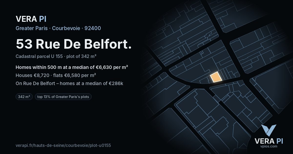 53 Rue De Belfort, Courbevoie at night – the plot lit, the parcels around coloured by the prices near them