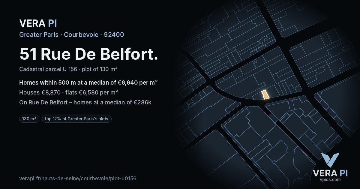 51 Rue De Belfort, Courbevoie at night – the plot lit, the parcels around coloured by the prices near them
