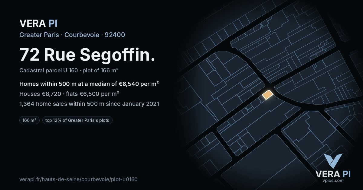 72 Rue Segoffin, Courbevoie at night – the plot lit, the parcels around coloured by the prices near them