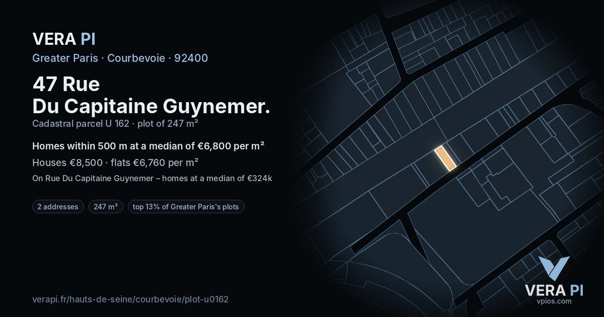 47 Rue Du Capitaine Guynemer, Courbevoie at night – the plot lit, the parcels around coloured by the prices near them