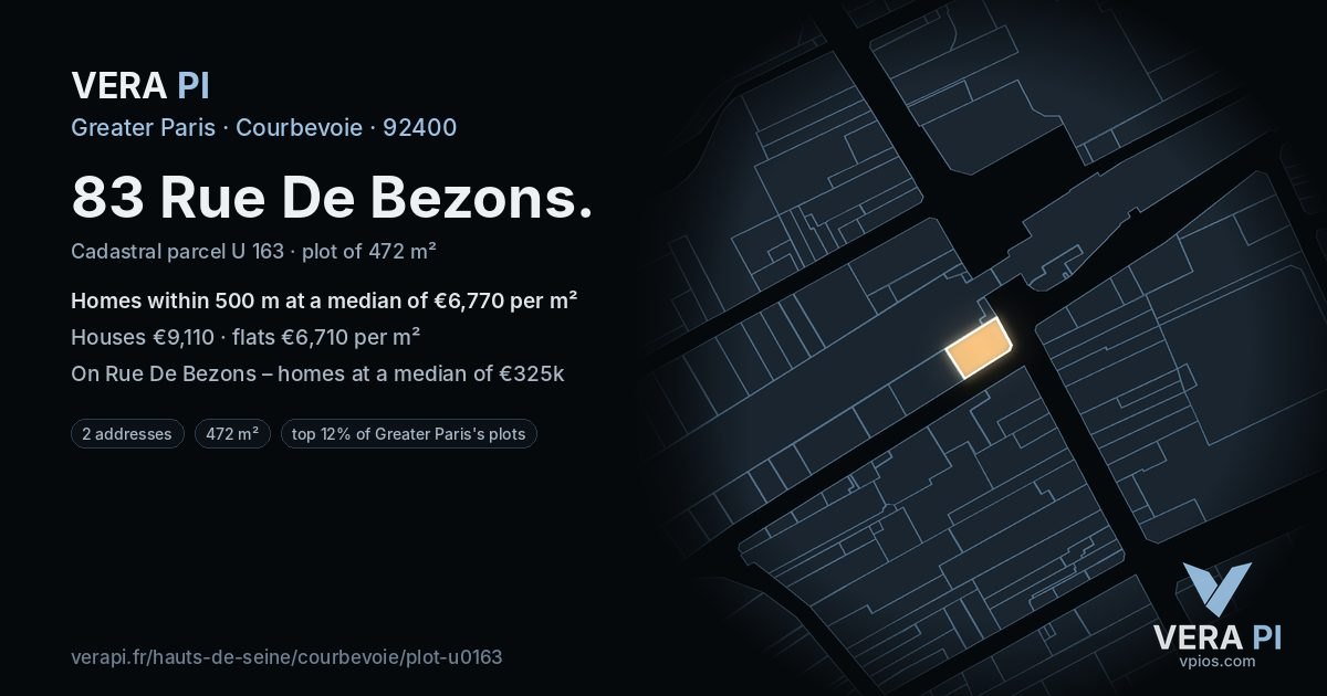 83 Rue De Bezons, Courbevoie at night – the plot lit, the parcels around coloured by the prices near them