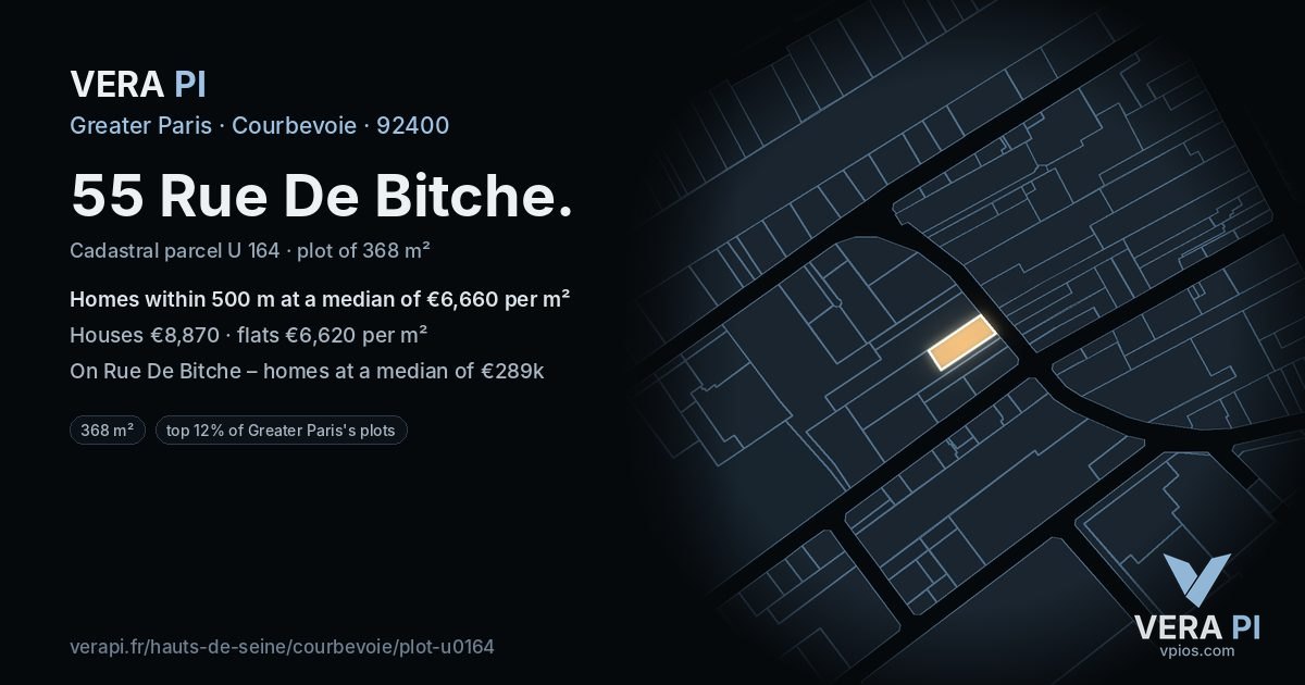 55 Rue De Bitche, Courbevoie at night – the plot lit, the parcels around coloured by the prices near them
