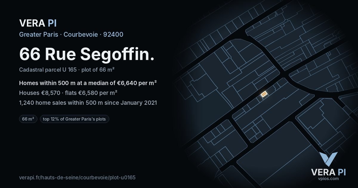 66 Rue Segoffin, Courbevoie at night – the plot lit, the parcels around coloured by the prices near them