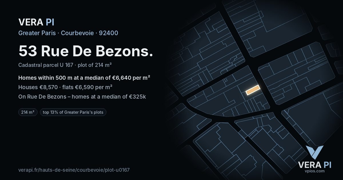 53 Rue De Bezons, Courbevoie at night – the plot lit, the parcels around coloured by the prices near them