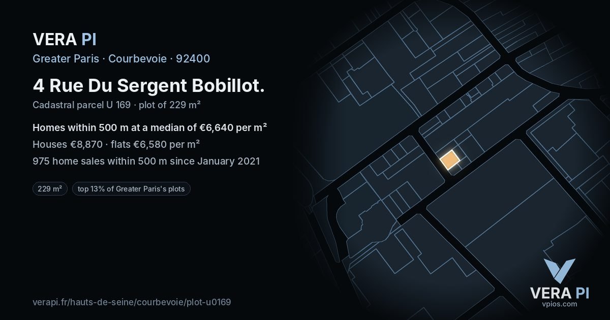 4 Rue Du Sergent Bobillot, Courbevoie at night – the plot lit, the parcels around coloured by the prices near them
