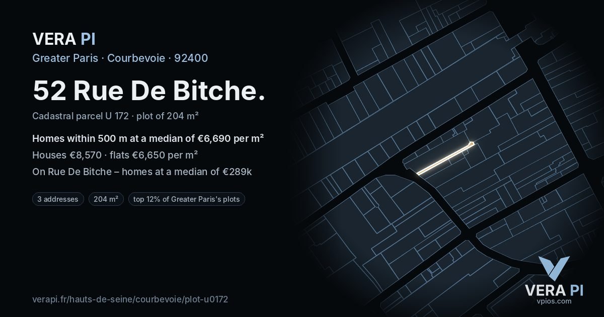 52 Rue De Bitche, Courbevoie at night – the plot lit, the parcels around coloured by the prices near them