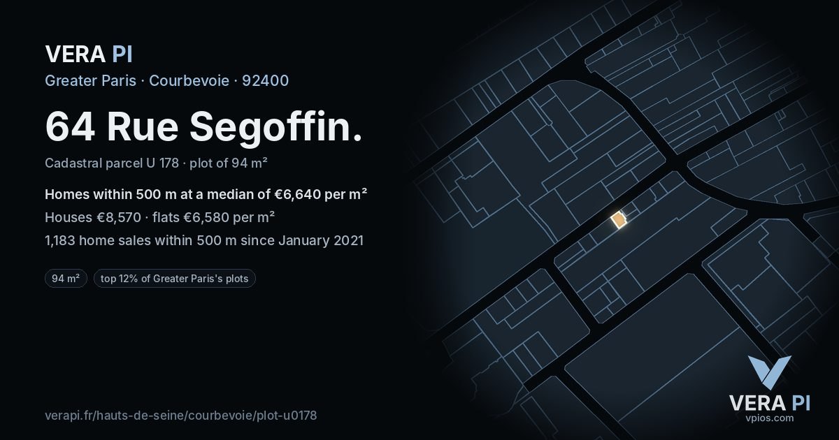 64 Rue Segoffin, Courbevoie at night – the plot lit, the parcels around coloured by the prices near them