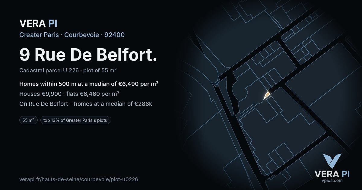 9 Rue De Belfort, Courbevoie at night – the plot lit, the parcels around coloured by the prices near them
