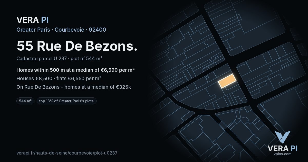55 Rue De Bezons, Courbevoie at night – the plot lit, the parcels around coloured by the prices near them