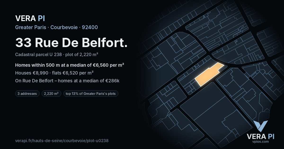 33 Rue De Belfort, Courbevoie at night – the plot lit, the parcels around coloured by the prices near them
