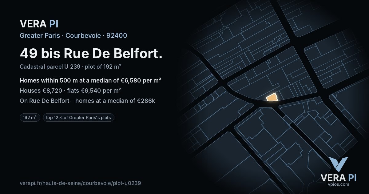 49 bis Rue De Belfort, Courbevoie at night – the plot lit, the parcels around coloured by the prices near them