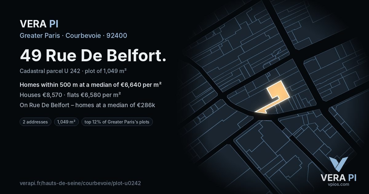 49 Rue De Belfort, Courbevoie at night – the plot lit, the parcels around coloured by the prices near them