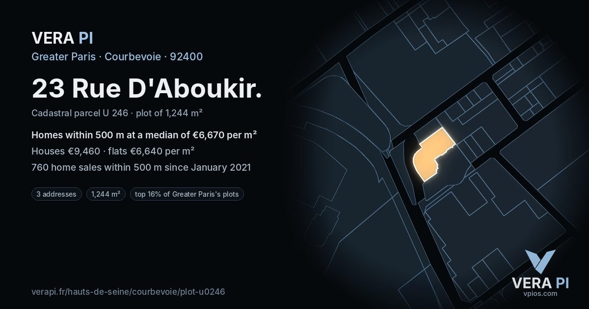 23 Rue D'Aboukir, Courbevoie at night – the plot lit, the parcels around coloured by the prices near them