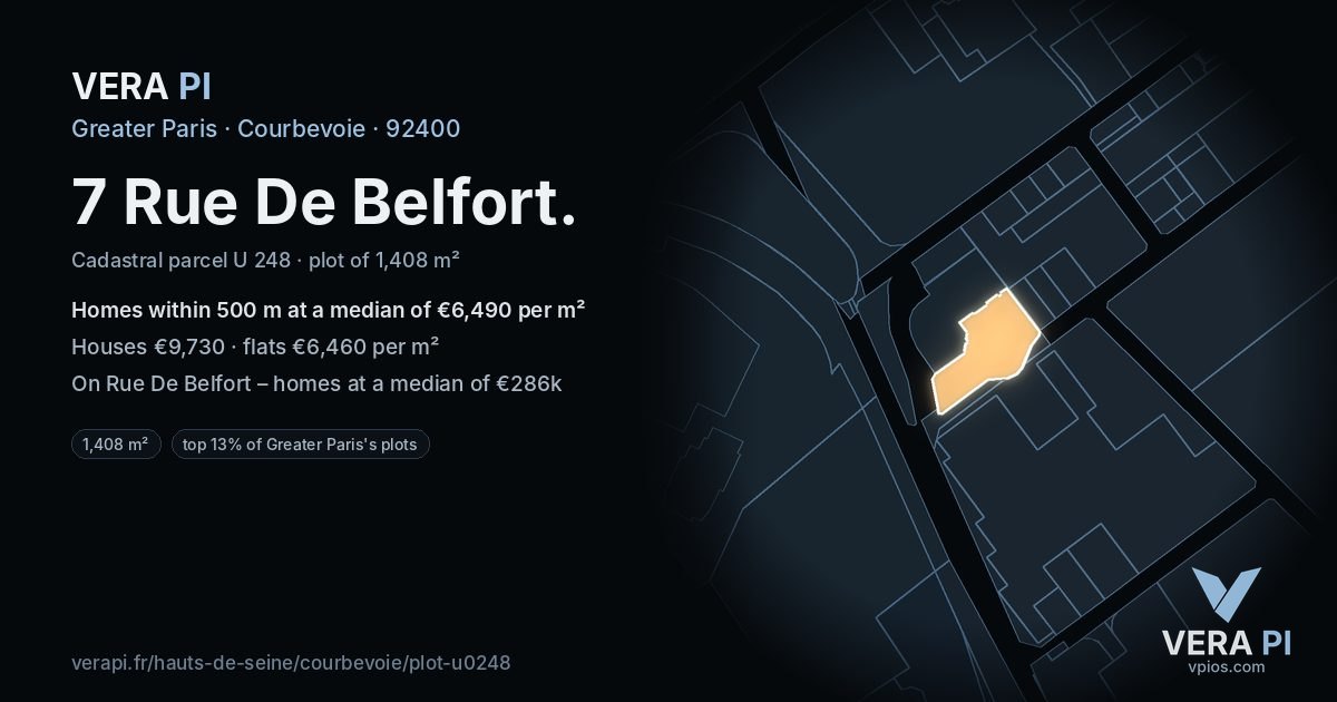 7 Rue De Belfort, Courbevoie at night – the plot lit, the parcels around coloured by the prices near them