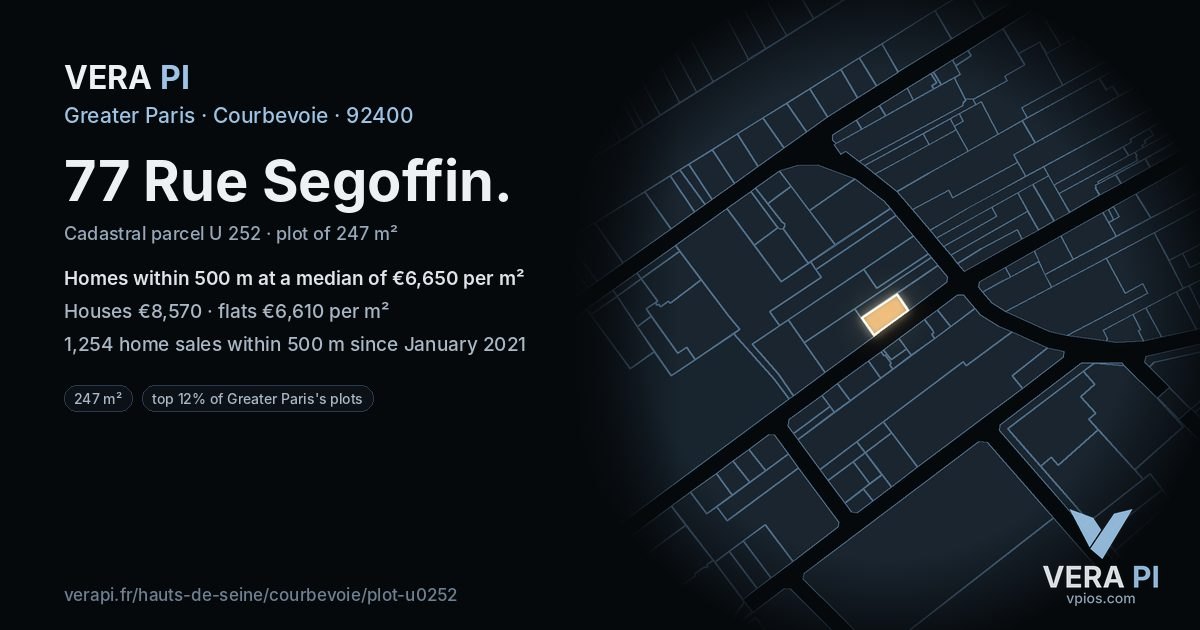 77 Rue Segoffin, Courbevoie at night – the plot lit, the parcels around coloured by the prices near them