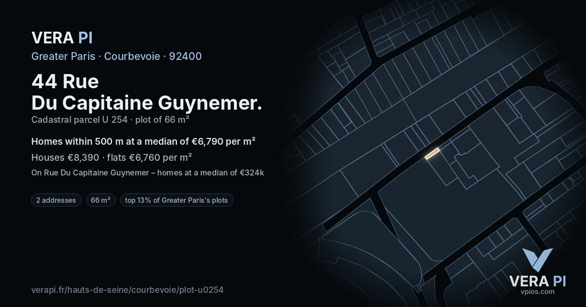 44 Rue Du Capitaine Guynemer, Courbevoie at night – the plot lit, the parcels around coloured by the prices near them