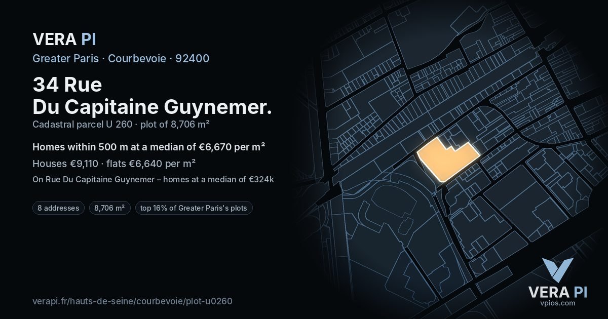 34 Rue Du Capitaine Guynemer, Courbevoie at night – the plot lit, the parcels around coloured by the prices near them
