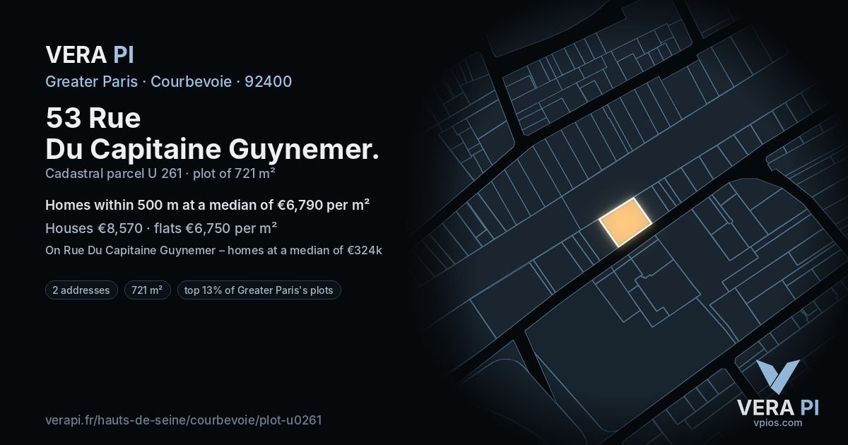 53 Rue Du Capitaine Guynemer, Courbevoie at night – the plot lit, the parcels around coloured by the prices near them