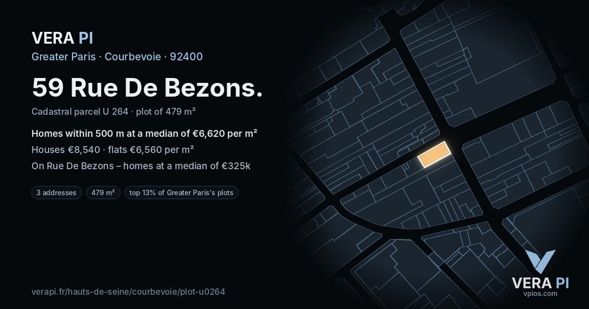 59 Rue De Bezons, Courbevoie at night – the plot lit, the parcels around coloured by the prices near them