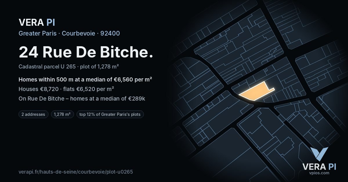 24 Rue De Bitche, Courbevoie at night – the plot lit, the parcels around coloured by the prices near them