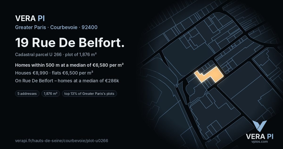 19 Rue De Belfort, Courbevoie at night – the plot lit, the parcels around coloured by the prices near them