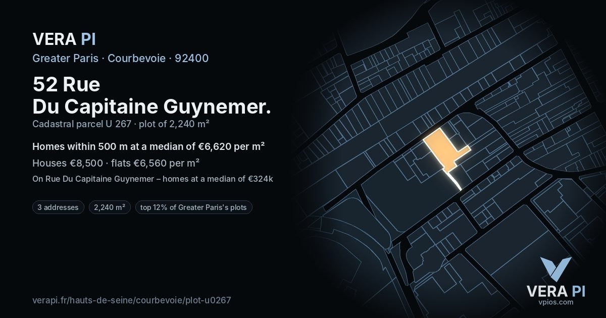 52 Rue Du Capitaine Guynemer, Courbevoie at night – the plot lit, the parcels around coloured by the prices near them