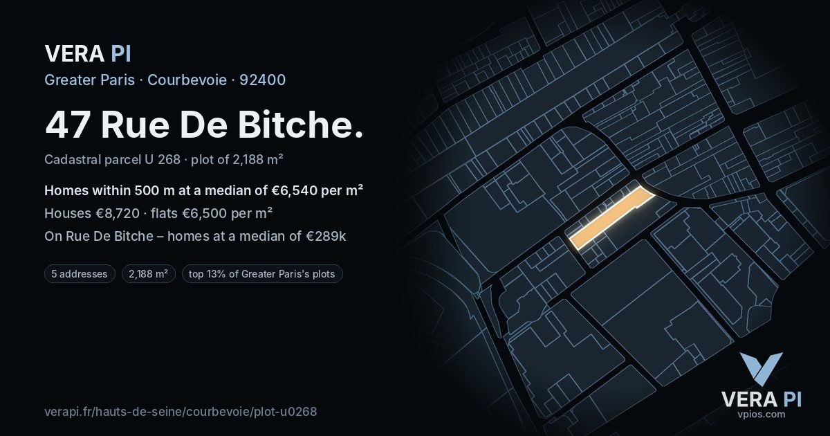 47 Rue De Bitche, Courbevoie at night – the plot lit, the parcels around coloured by the prices near them