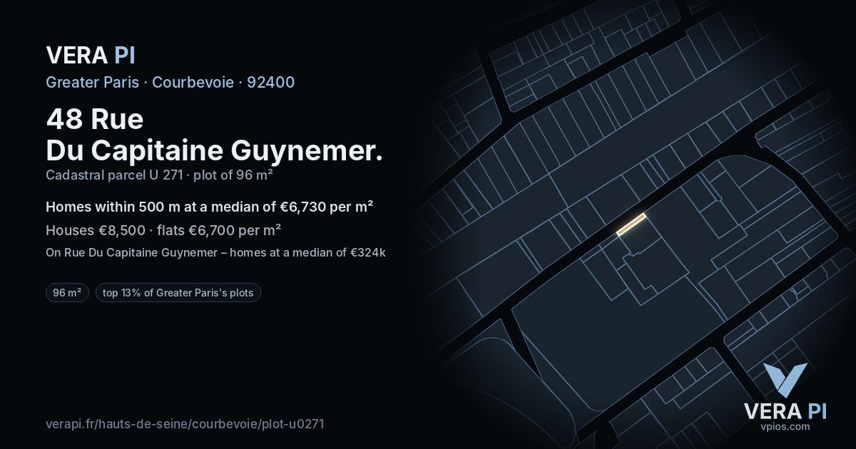 48 Rue Du Capitaine Guynemer, Courbevoie at night – the plot lit, the parcels around coloured by the prices near them