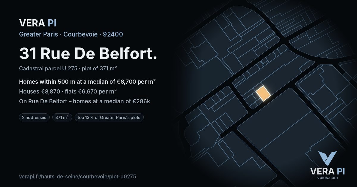 31 Rue De Belfort, Courbevoie at night – the plot lit, the parcels around coloured by the prices near them