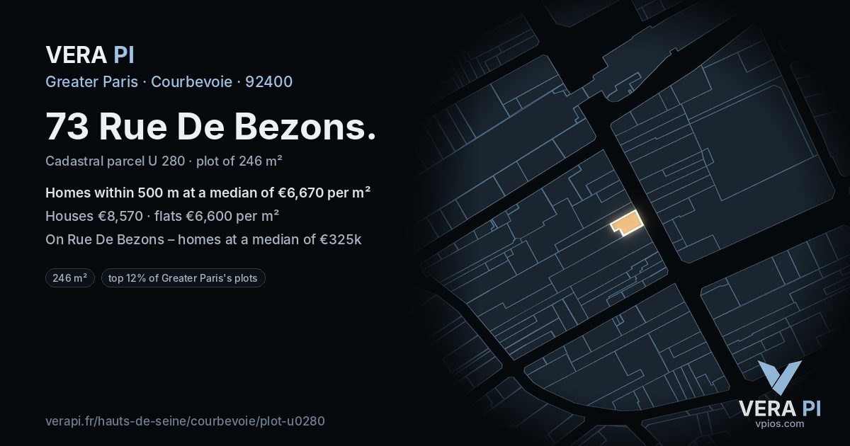73 Rue De Bezons, Courbevoie at night – the plot lit, the parcels around coloured by the prices near them