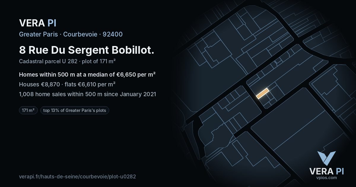 8 Rue Du Sergent Bobillot, Courbevoie at night – the plot lit, the parcels around coloured by the prices near them