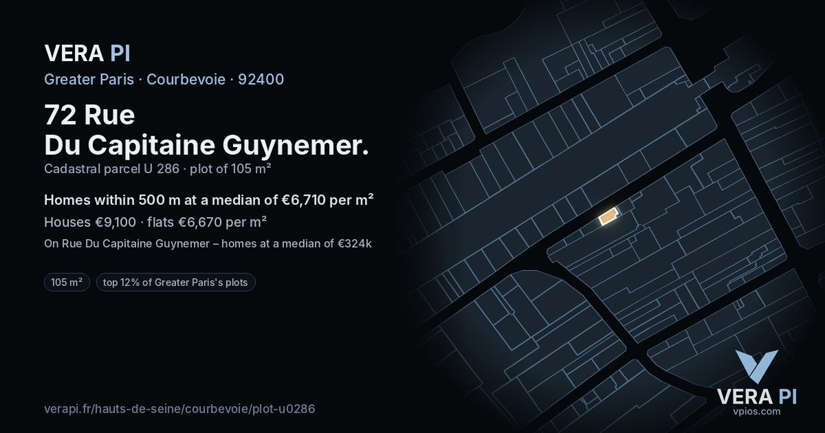 72 Rue Du Capitaine Guynemer, Courbevoie at night – the plot lit, the parcels around coloured by the prices near them