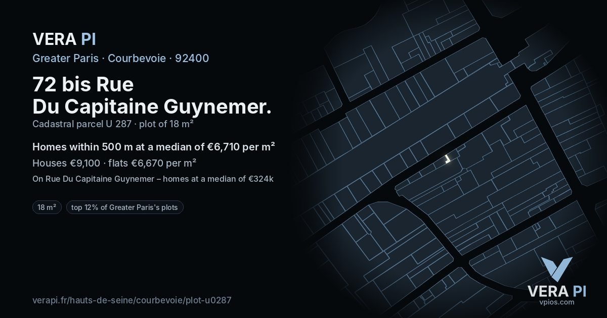 72 bis Rue Du Capitaine Guynemer, Courbevoie at night – the plot lit, the parcels around coloured by the prices near them