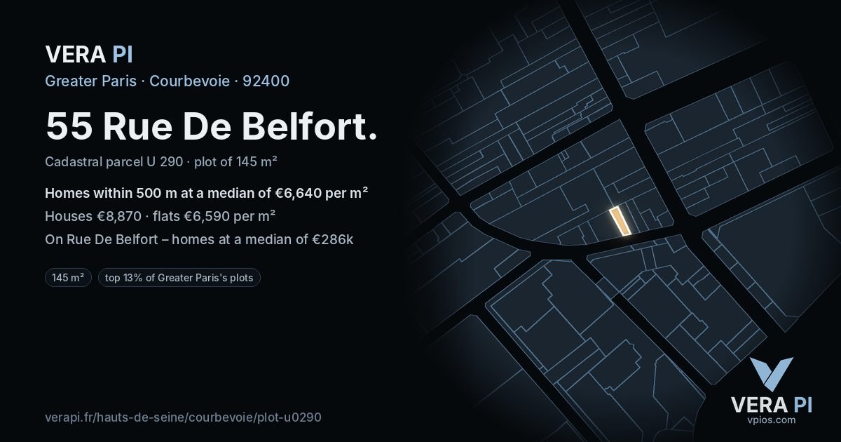55 Rue De Belfort, Courbevoie at night – the plot lit, the parcels around coloured by the prices near them