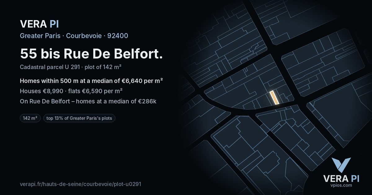 55 bis Rue De Belfort, Courbevoie at night – the plot lit, the parcels around coloured by the prices near them