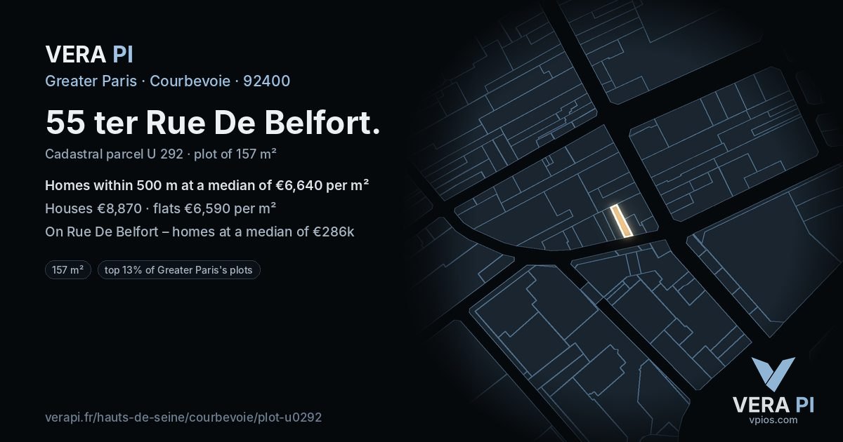 55 ter Rue De Belfort, Courbevoie at night – the plot lit, the parcels around coloured by the prices near them