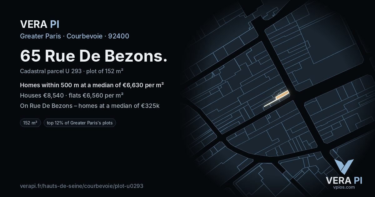 65 Rue De Bezons, Courbevoie at night – the plot lit, the parcels around coloured by the prices near them