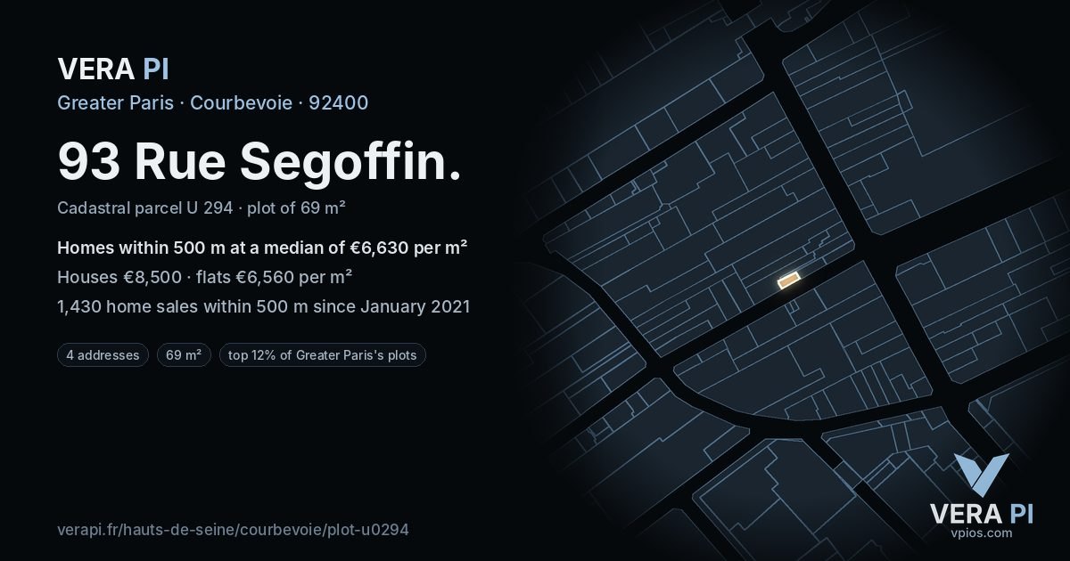 93 Rue Segoffin, Courbevoie at night – the plot lit, the parcels around coloured by the prices near them