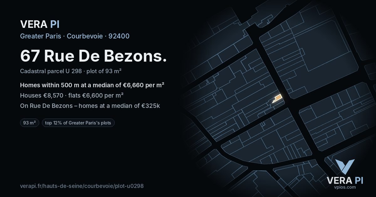 67 Rue De Bezons, Courbevoie at night – the plot lit, the parcels around coloured by the prices near them
