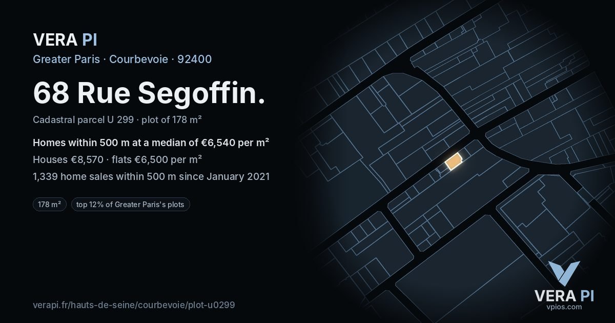 68 Rue Segoffin, Courbevoie at night – the plot lit, the parcels around coloured by the prices near them