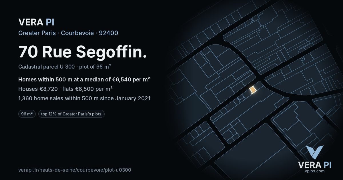 70 Rue Segoffin, Courbevoie at night – the plot lit, the parcels around coloured by the prices near them