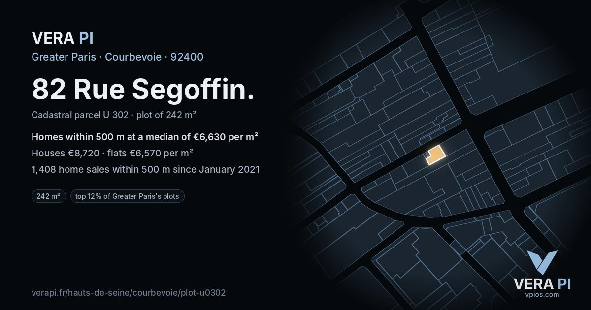 82 Rue Segoffin, Courbevoie at night – the plot lit, the parcels around coloured by the prices near them