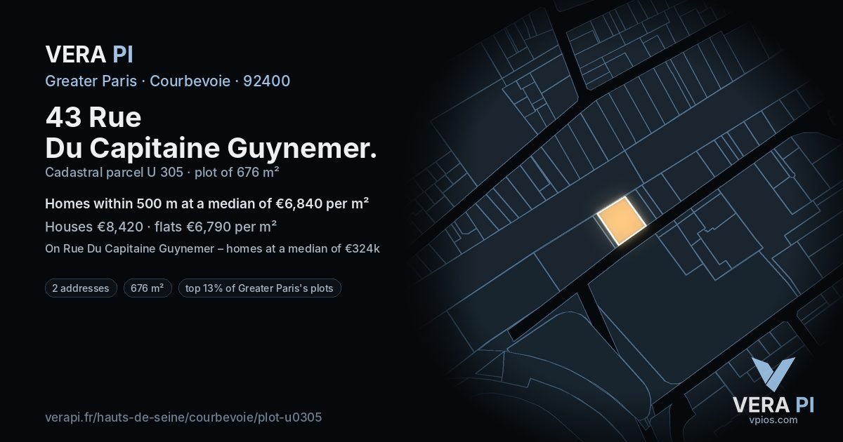 43 Rue Du Capitaine Guynemer, Courbevoie at night – the plot lit, the parcels around coloured by the prices near them