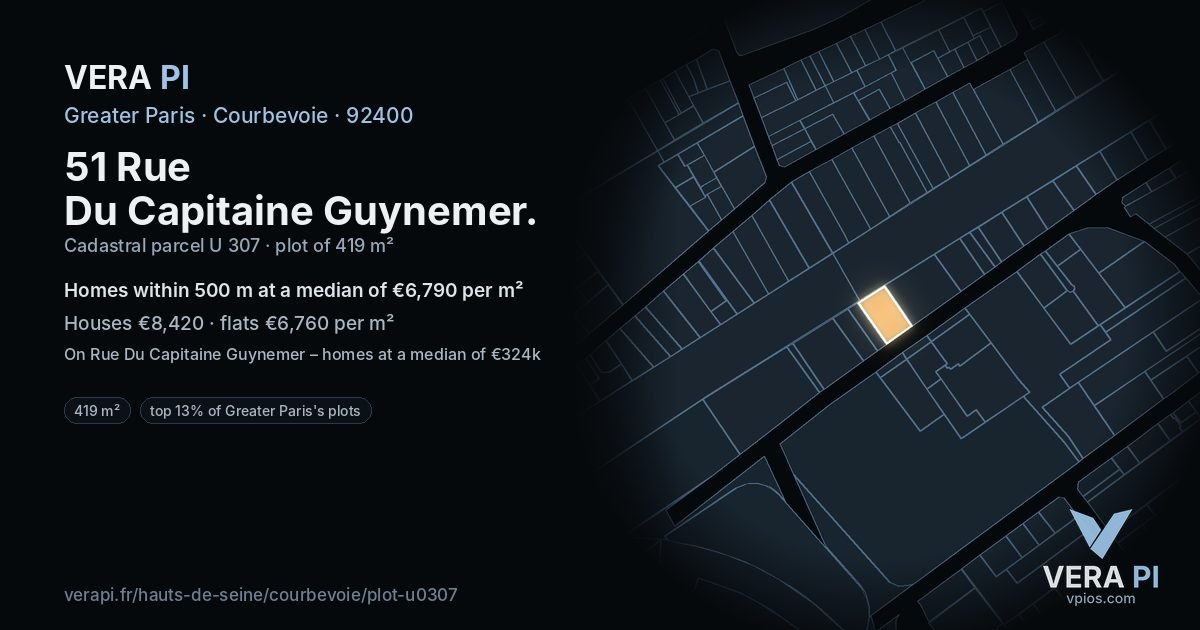 51 Rue Du Capitaine Guynemer, Courbevoie at night – the plot lit, the parcels around coloured by the prices near them