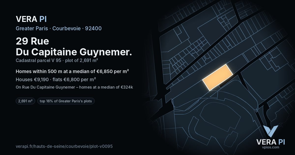 29 Rue Du Capitaine Guynemer, Courbevoie at night – the plot lit, the parcels around coloured by the prices near them