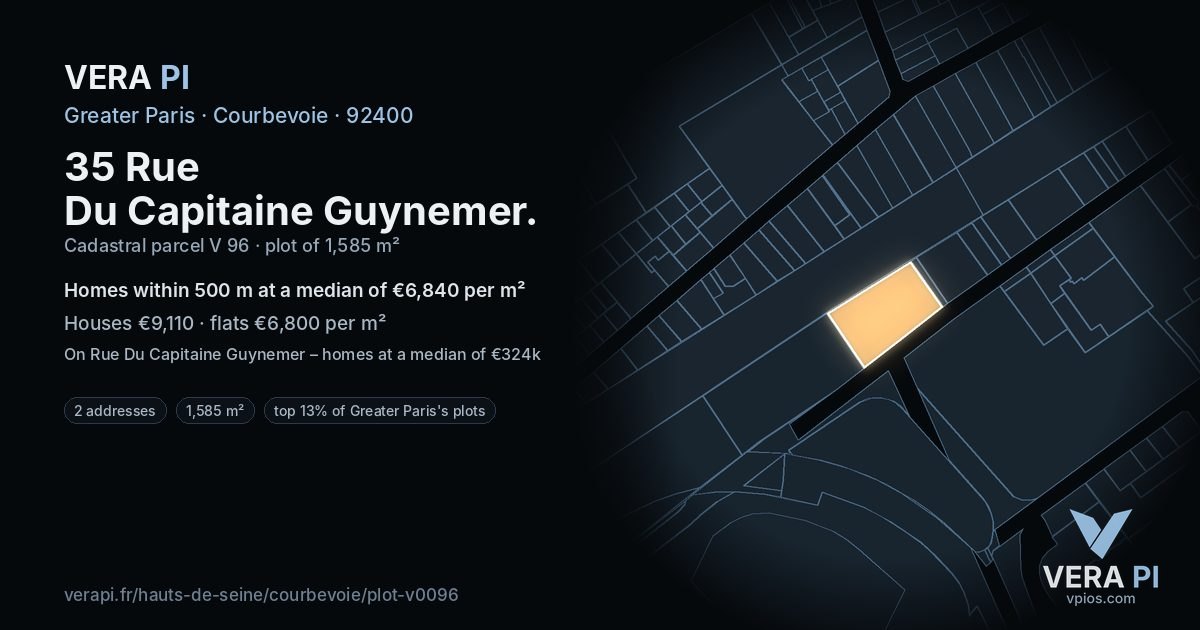35 Rue Du Capitaine Guynemer, Courbevoie at night – the plot lit, the parcels around coloured by the prices near them