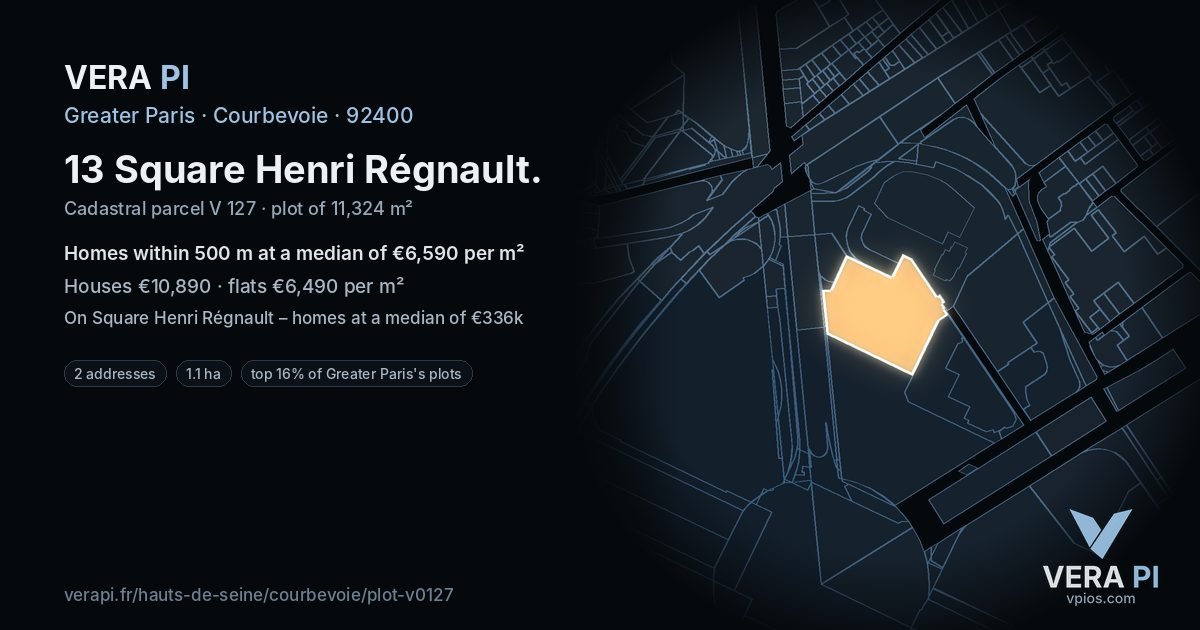 13 Square Henri Régnault, Courbevoie at night – the plot lit, the parcels around coloured by the prices near them