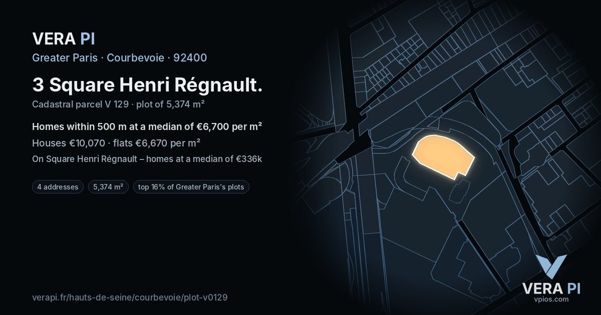 3 Square Henri Régnault, Courbevoie at night – the plot lit, the parcels around coloured by the prices near them