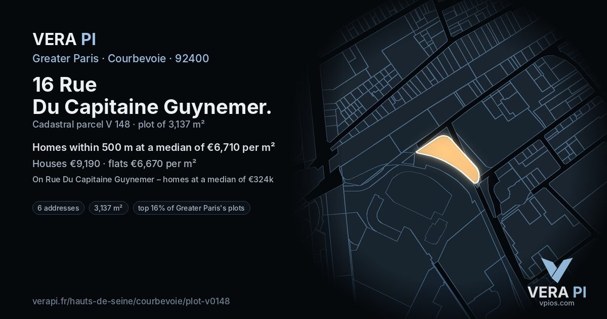 16 Rue Du Capitaine Guynemer, Courbevoie at night – the plot lit, the parcels around coloured by the prices near them